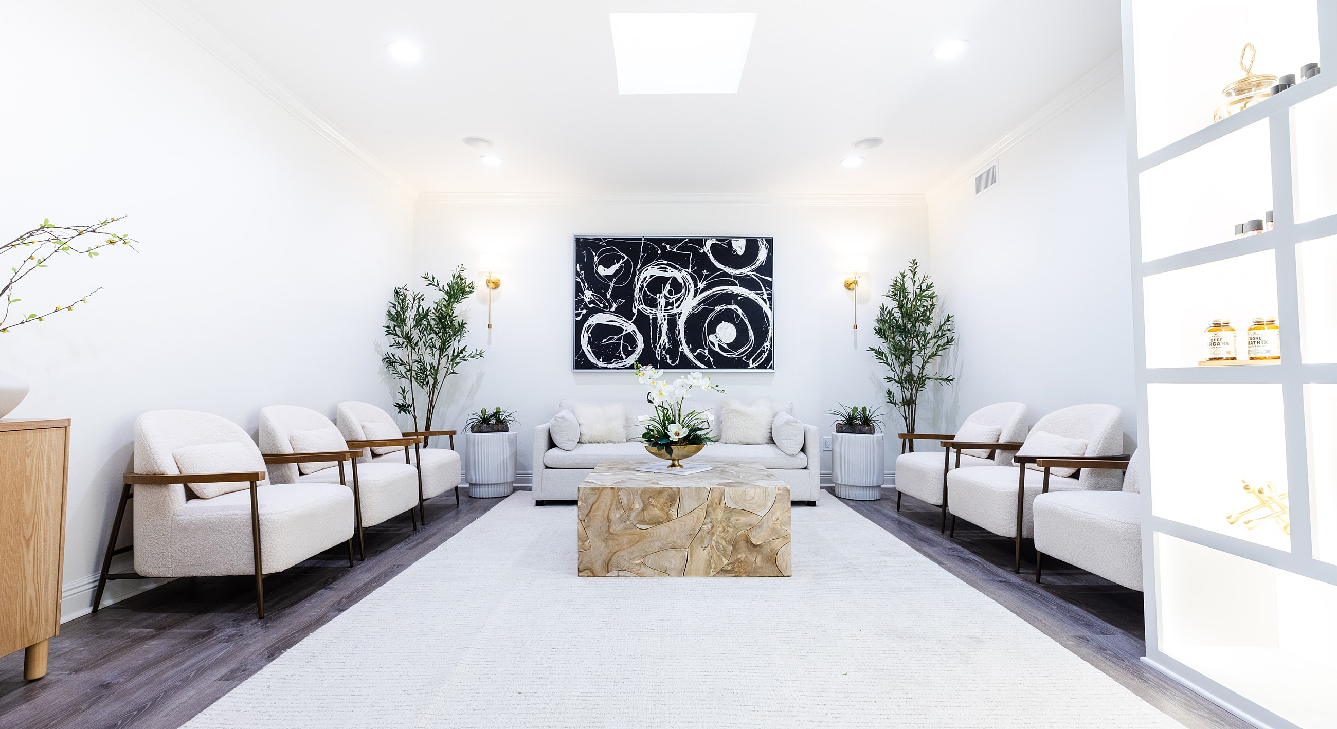 Modern, minimalist waiting room with stylish decor.